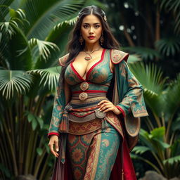 A stunningly beautiful woman of mixed Malay descent with large breasts, embodying a seductive and confident presence