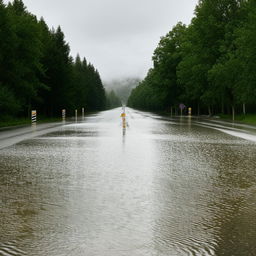 A one-lane road dramatically flooded by water, creating a powerful scene of nature's force disrupting man-made infrastructure.