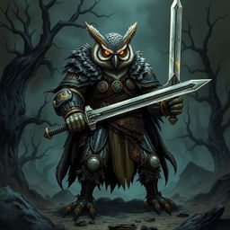 An intense illustration of a national-socialist themed owl-zombie-humanoid barbarian character in a Dungeons & Dragons setting, wielding a longsword