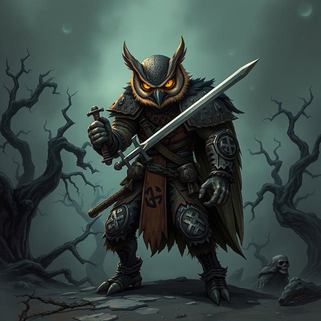 An intense illustration of a national-socialist themed owl-zombie-humanoid barbarian character in a Dungeons & Dragons setting, wielding a longsword