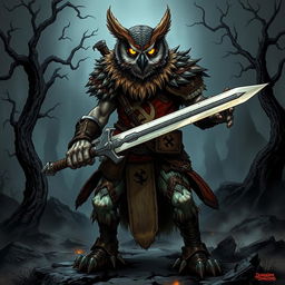 An intense illustration of a national-socialist themed owl-zombie-humanoid barbarian character in a Dungeons & Dragons setting, wielding a longsword