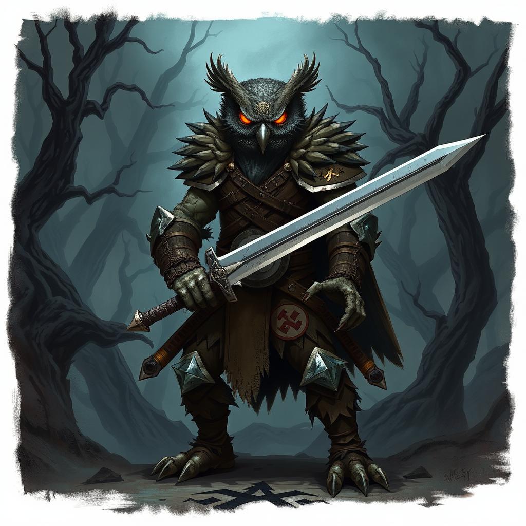 An intense illustration of a national-socialist themed owl-zombie-humanoid barbarian character in a Dungeons & Dragons setting, wielding a longsword