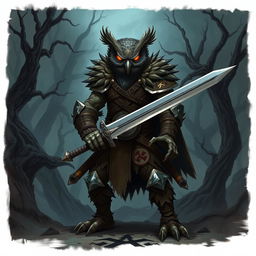 An intense illustration of a national-socialist themed owl-zombie-humanoid barbarian character in a Dungeons & Dragons setting, wielding a longsword