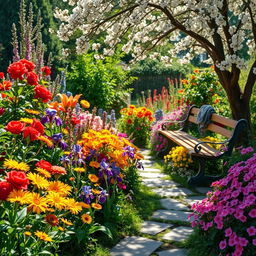 A picturesque summer scene showcasing a sunlit garden bursting with colorful flowers, such as radiant red roses, cheerful yellow daisies, deep purple irises, and soft pink geraniums