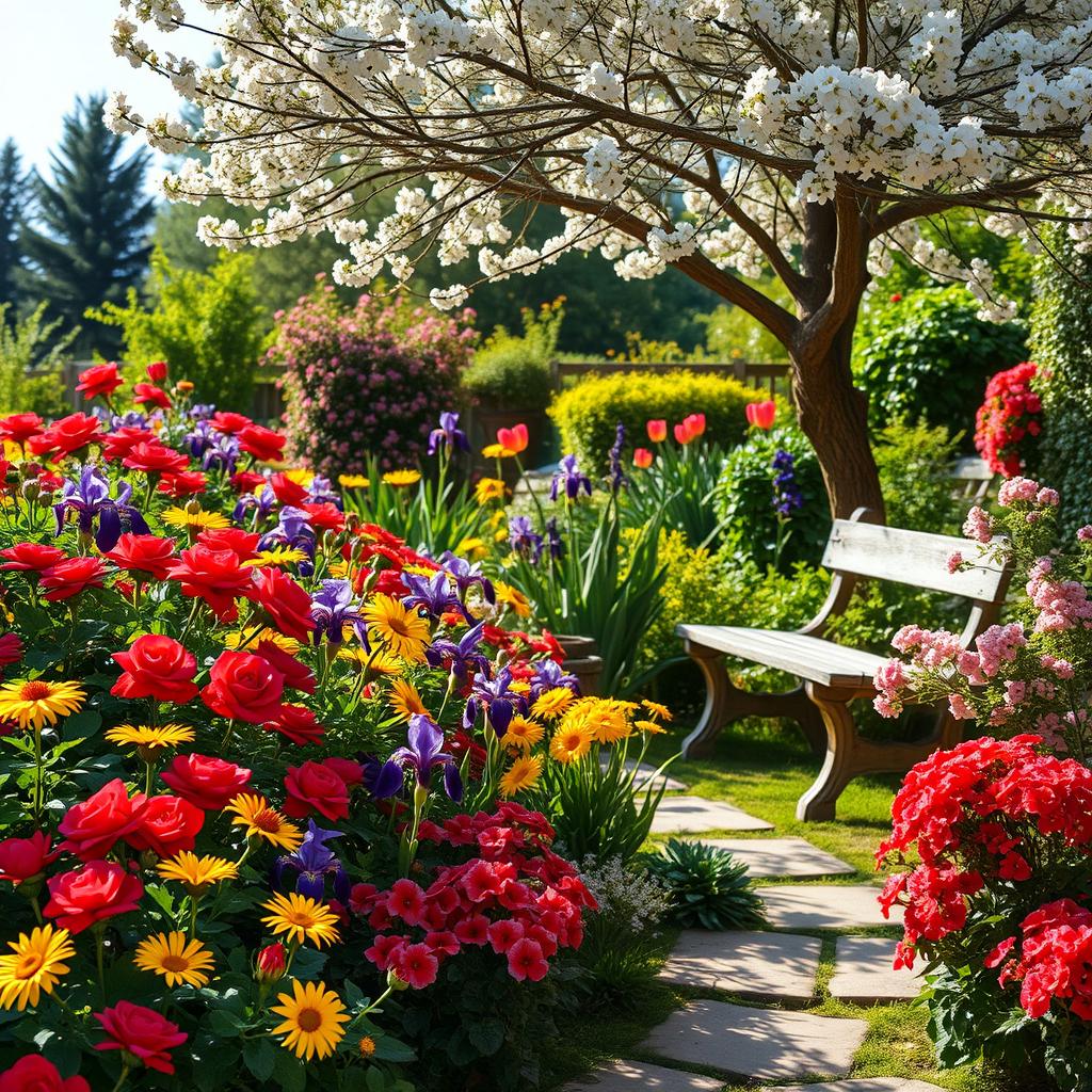 A picturesque summer scene showcasing a sunlit garden bursting with colorful flowers, such as radiant red roses, cheerful yellow daisies, deep purple irises, and soft pink geraniums