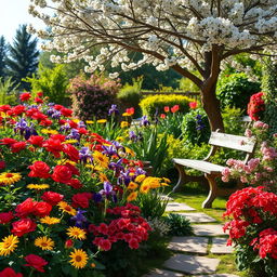 A picturesque summer scene showcasing a sunlit garden bursting with colorful flowers, such as radiant red roses, cheerful yellow daisies, deep purple irises, and soft pink geraniums