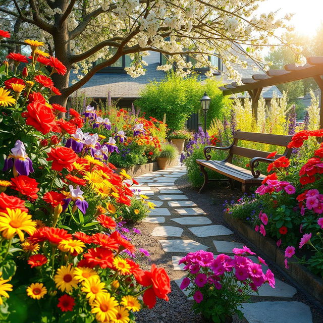 A picturesque summer scene showcasing a sunlit garden bursting with colorful flowers, such as radiant red roses, cheerful yellow daisies, deep purple irises, and soft pink geraniums