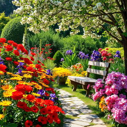 A picturesque summer scene showcasing a sunlit garden bursting with colorful flowers, such as radiant red roses, cheerful yellow daisies, deep purple irises, and soft pink geraniums