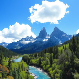 A captivating landscape featuring towering mountains with jagged peaks rising majestically into the clear blue sky