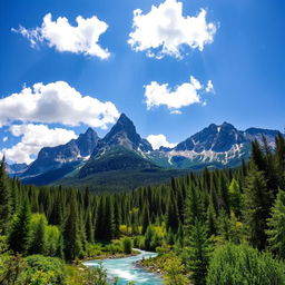 A captivating landscape featuring towering mountains with jagged peaks rising majestically into the clear blue sky