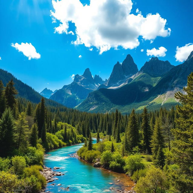 A captivating landscape featuring towering mountains with jagged peaks rising majestically into the clear blue sky