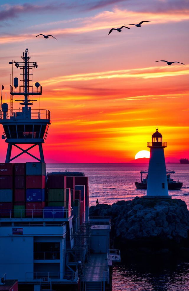 A vibrant sunset scene showcasing a maritime control tower overlooking a busy harbor