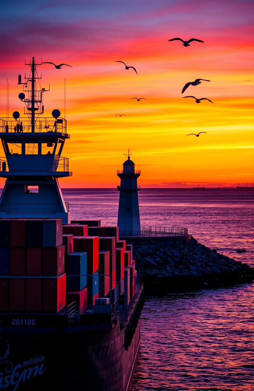 A vibrant sunset scene showcasing a maritime control tower overlooking a busy harbor