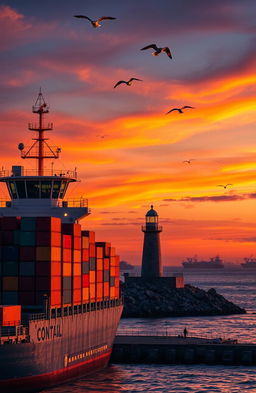 A vibrant sunset scene showcasing a maritime control tower overlooking a busy harbor