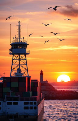 A vibrant sunset scene showcasing a maritime control tower overlooking a busy harbor