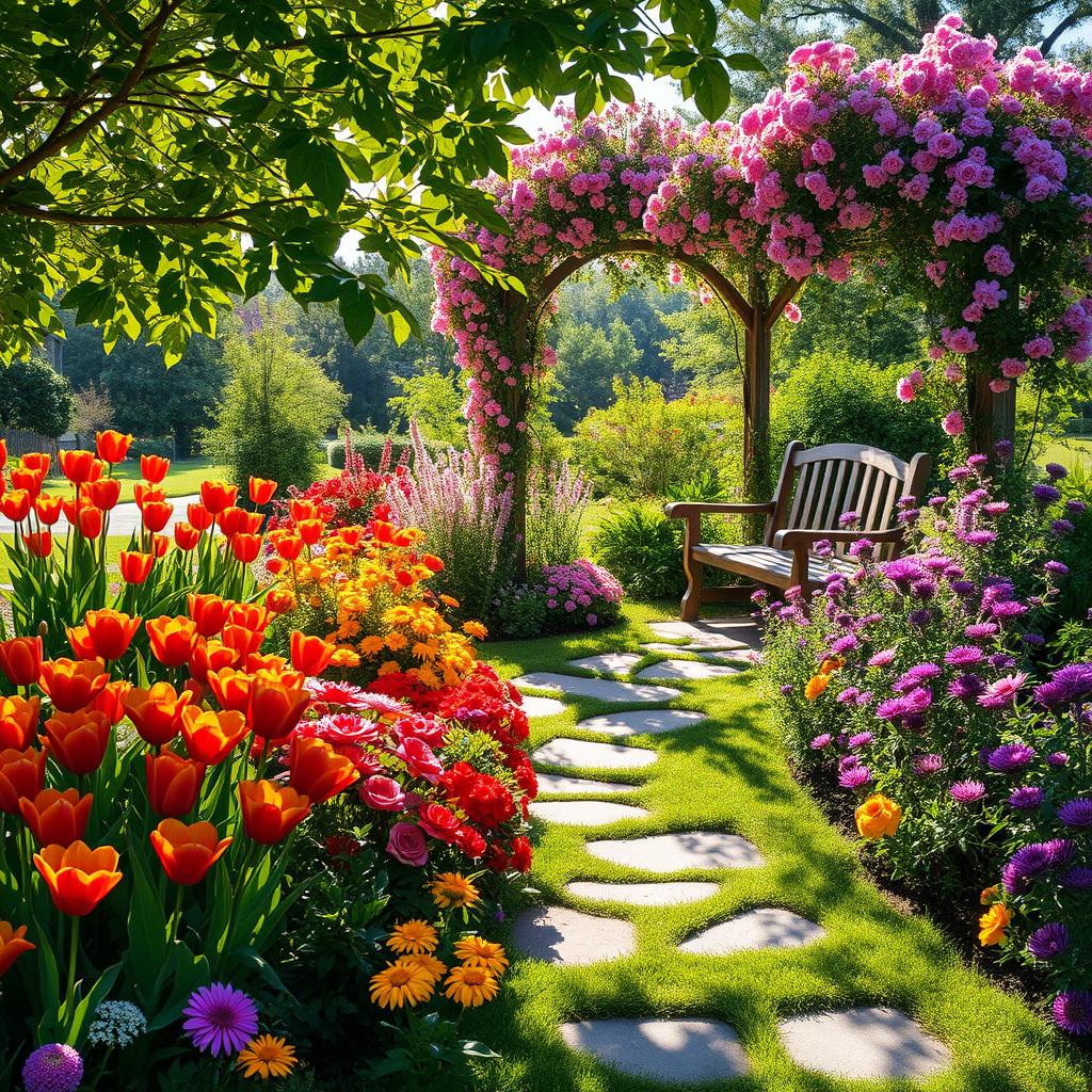 A picturesque summer scene showcasing a sunlit garden vibrant with colorful flowers, including brilliant red tulips, cheerful yellow marigolds, delicate pink roses, and rich purple asters