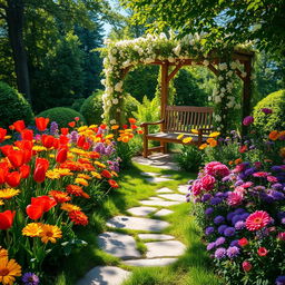 A picturesque summer scene showcasing a sunlit garden vibrant with colorful flowers, including brilliant red tulips, cheerful yellow marigolds, delicate pink roses, and rich purple asters