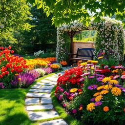 A picturesque summer scene showcasing a sunlit garden vibrant with colorful flowers, including brilliant red tulips, cheerful yellow marigolds, delicate pink roses, and rich purple asters