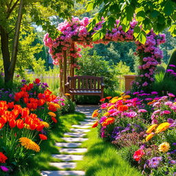 A picturesque summer scene showcasing a sunlit garden vibrant with colorful flowers, including brilliant red tulips, cheerful yellow marigolds, delicate pink roses, and rich purple asters