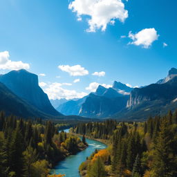 An enchanting landscape showcasing majestic mountains with towering, craggy peaks set against a pristine blue sky