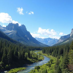 An enchanting landscape showcasing majestic mountains with towering, craggy peaks set against a pristine blue sky
