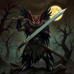 An intense illustration of a national-socialist themed owl-vampire-humanoid barbarian character in a Dungeons & Dragons setting, wielding a longsword