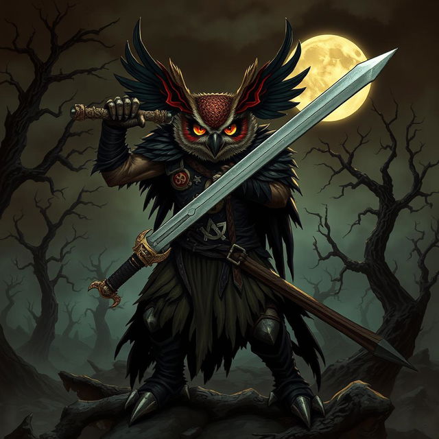 An intense illustration of a national-socialist themed owl-vampire-humanoid barbarian character in a Dungeons & Dragons setting, wielding a longsword