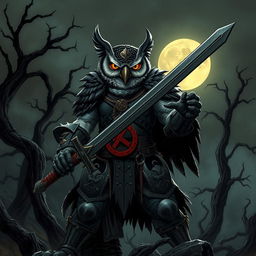 An intense illustration of a national-socialist themed owl-vampire-humanoid barbarian character in a Dungeons & Dragons setting, wielding a longsword