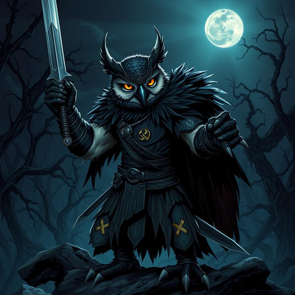 An intense illustration of a national-socialist themed owl-vampire-humanoid barbarian character in a Dungeons & Dragons setting, wielding a longsword