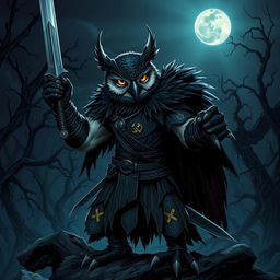 An intense illustration of a national-socialist themed owl-vampire-humanoid barbarian character in a Dungeons & Dragons setting, wielding a longsword