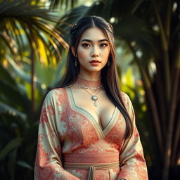 A stunningly beautiful woman of mixed Malay descent with large breasts, exuding a captivating yet modest charm