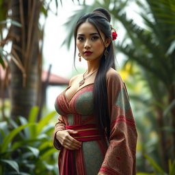 A stunningly beautiful woman of mixed Malay descent with large breasts, exuding a captivating yet modest charm
