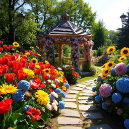 A picturesque summer scene featuring a sunlit garden overflowing with colorful flowers such as vibrant red tulips, sunny yellow sunflowers, delicate pink peonies, and deep blue hydrangeas