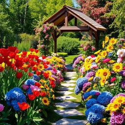 A picturesque summer scene featuring a sunlit garden overflowing with colorful flowers such as vibrant red tulips, sunny yellow sunflowers, delicate pink peonies, and deep blue hydrangeas