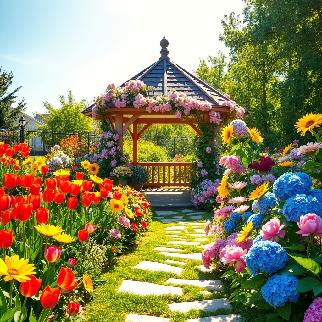 A picturesque summer scene featuring a sunlit garden overflowing with colorful flowers such as vibrant red tulips, sunny yellow sunflowers, delicate pink peonies, and deep blue hydrangeas