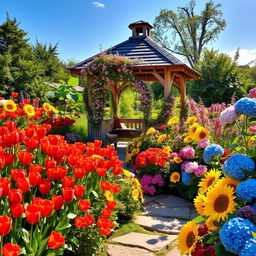A picturesque summer scene featuring a sunlit garden overflowing with colorful flowers such as vibrant red tulips, sunny yellow sunflowers, delicate pink peonies, and deep blue hydrangeas