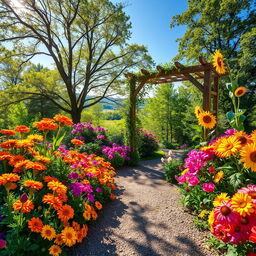 A picturesque summer scene that depicts a sunlit garden brimming with colorful flowers, featuring bright orange marigolds, luscious pink tulips, rich purple petunias, and sunny yellow sunflowers