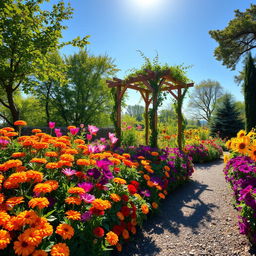 A picturesque summer scene that depicts a sunlit garden brimming with colorful flowers, featuring bright orange marigolds, luscious pink tulips, rich purple petunias, and sunny yellow sunflowers