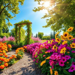 A picturesque summer scene that depicts a sunlit garden brimming with colorful flowers, featuring bright orange marigolds, luscious pink tulips, rich purple petunias, and sunny yellow sunflowers