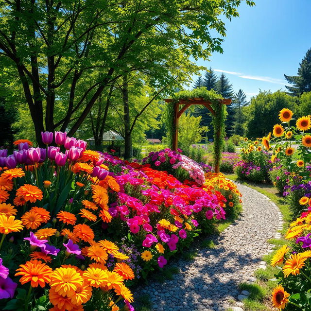 A picturesque summer scene that depicts a sunlit garden brimming with colorful flowers, featuring bright orange marigolds, luscious pink tulips, rich purple petunias, and sunny yellow sunflowers