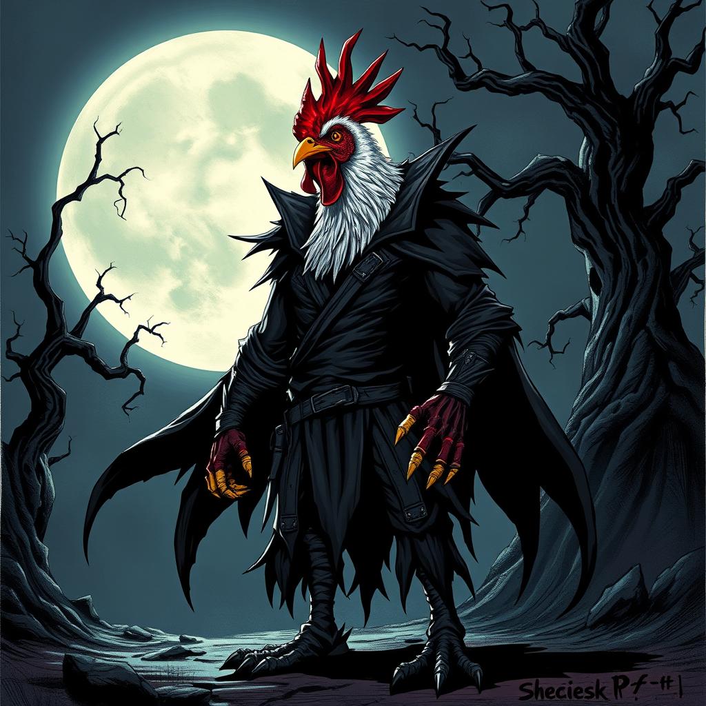 An imaginative illustration of a national-socialist themed chicken-vampire-humanoid character set in a Dungeons & Dragons universe