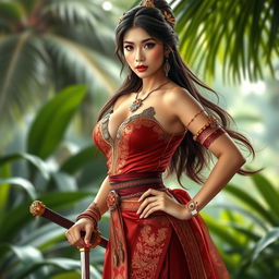 A stunningly beautiful woman of mixed Malay descent with large breasts, exuding both allure and modesty