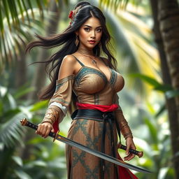 A stunningly beautiful woman of mixed Malay descent with large breasts, exuding both allure and modesty