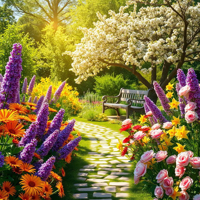 A picturesque summer scene set in a sunlit garden, overflowing with colorful flowers such as radiant orange daisies, vibrant purple lilacs, shimmering yellow daffodils, and soft pink roses