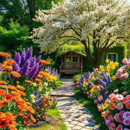 A picturesque summer scene set in a sunlit garden, overflowing with colorful flowers such as radiant orange daisies, vibrant purple lilacs, shimmering yellow daffodils, and soft pink roses