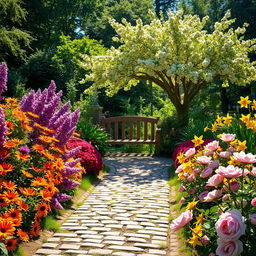 A picturesque summer scene set in a sunlit garden, overflowing with colorful flowers such as radiant orange daisies, vibrant purple lilacs, shimmering yellow daffodils, and soft pink roses