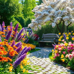 A picturesque summer scene set in a sunlit garden, overflowing with colorful flowers such as radiant orange daisies, vibrant purple lilacs, shimmering yellow daffodils, and soft pink roses