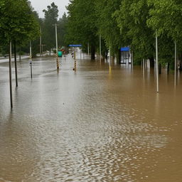 A one-lane road dramatically flooded by water, creating a powerful scene of nature's force disrupting man-made infrastructure.