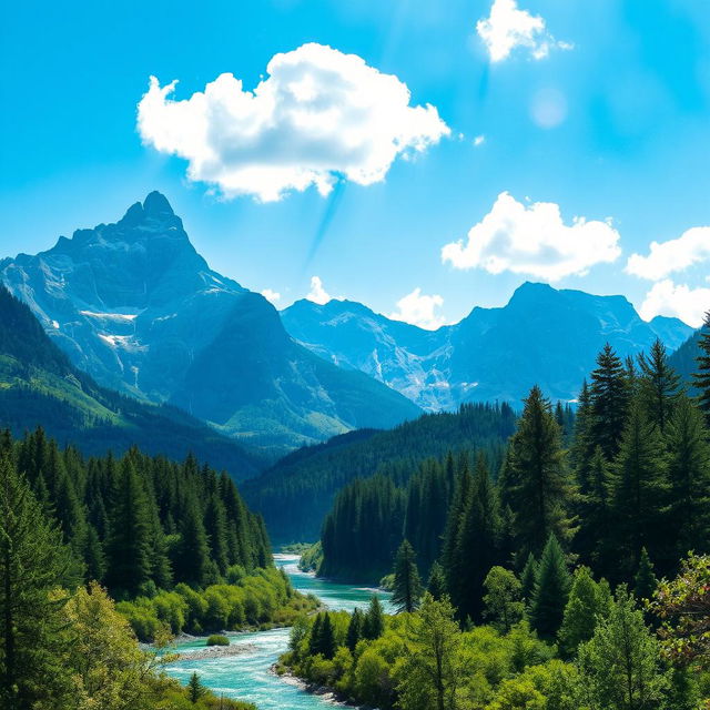 A breathtaking landscape showcasing majestic mountains with rugged peaks soaring high into a bright blue sky