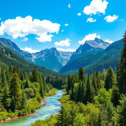 A breathtaking landscape showcasing majestic mountains with rugged peaks soaring high into a bright blue sky